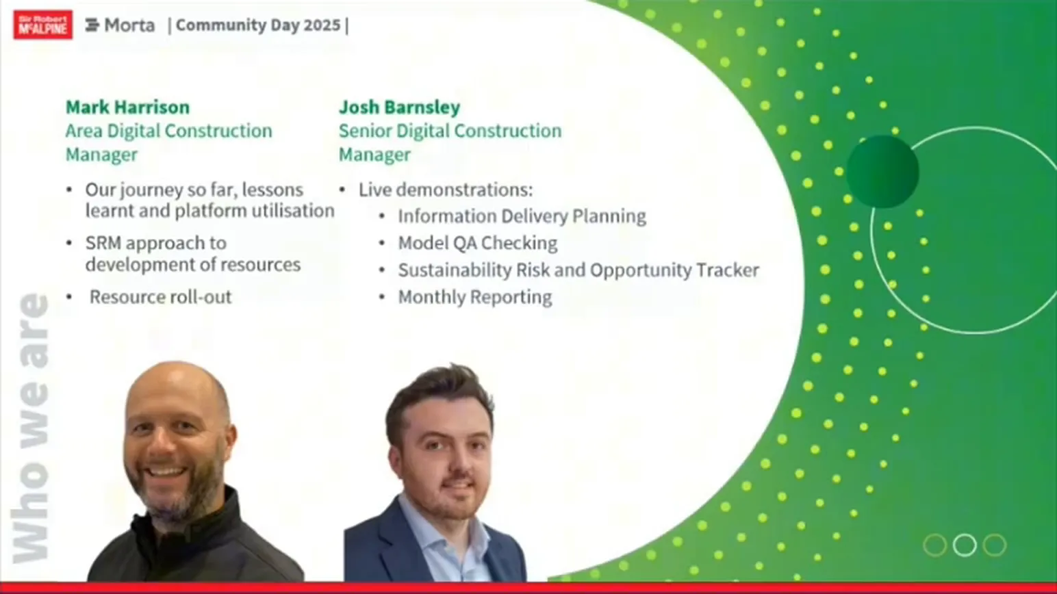 Introduction slide naming Mark Harrison as Area Digital Construction Manager and Josh Barnsley as Senior Digital Construction Manager, above their portraits.