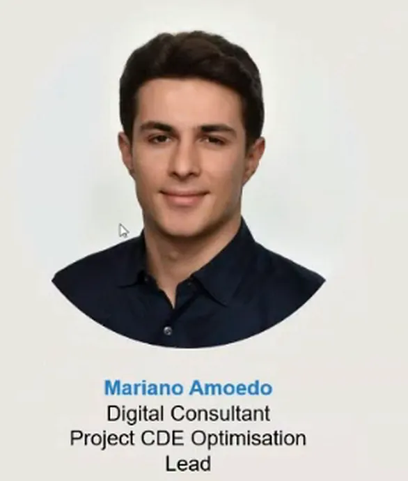 Mariano Amoedo portrait and the Digital Consultant and Project CDE Optimisation Lead labels from the March 2024 presentation.