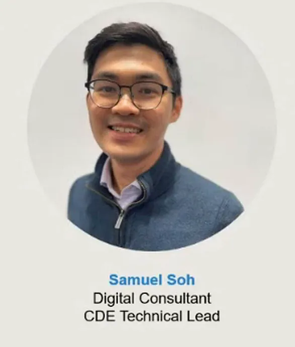 Samuel Soh portrait and the Digital Consultant and CDE Technical Lead labels from the March 2024 presentation.