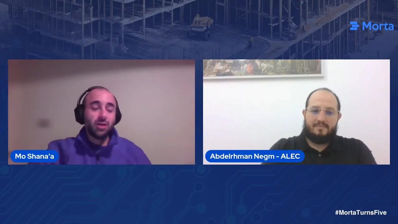 Mo Shana'a and Abdelrhman Negm in two labelled video panels, with Abdelrhman's panel labelled ALEC, against the Morta Community Showcase background.