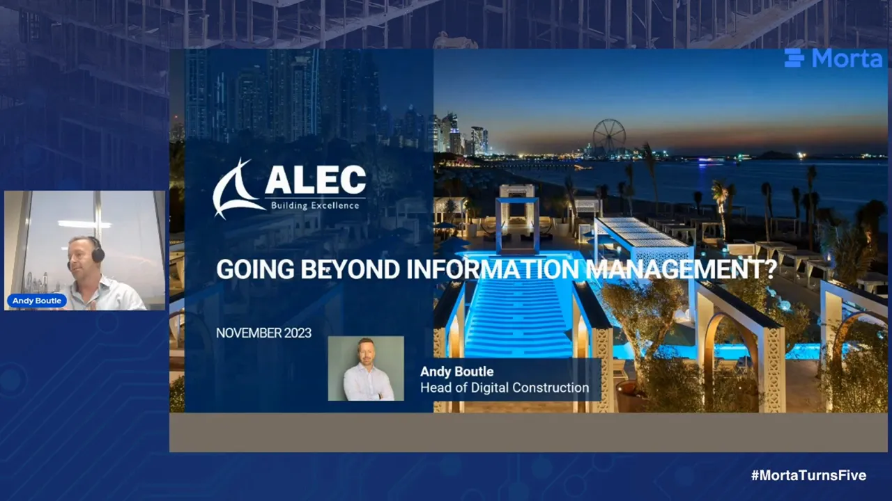 Andy Boutle in a labelled video panel beside ALEC's Going Beyond Information Management title slide, which includes his photograph, role and November 2023 date.