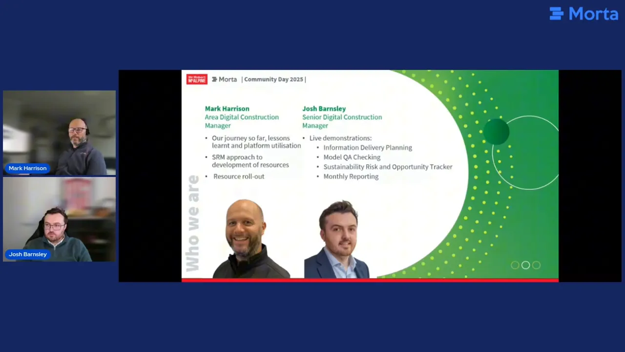 Full recording frame with named Mark Harrison and Josh Barnsley speaker tiles beside their Sir Robert McAlpine introduction slide and photographs.
