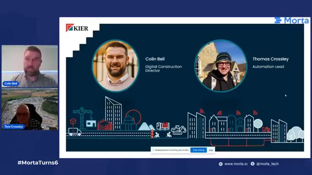 Kier introduction slide naming Colin Bell and Thomas Crossley, with their photographs and labelled video panels on the left.