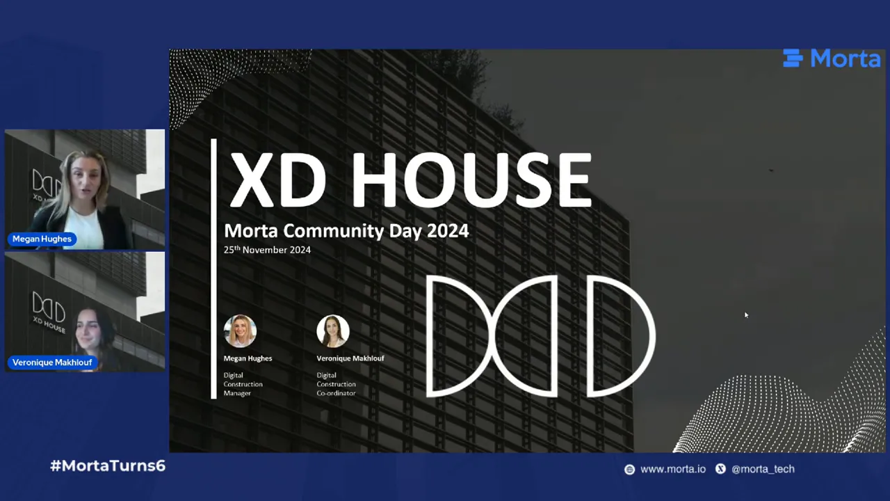 Full XD House title frame dated 25 November 2024, with named speaker tiles and slide photographs for Megan Hughes and Veronique Makhlouf.