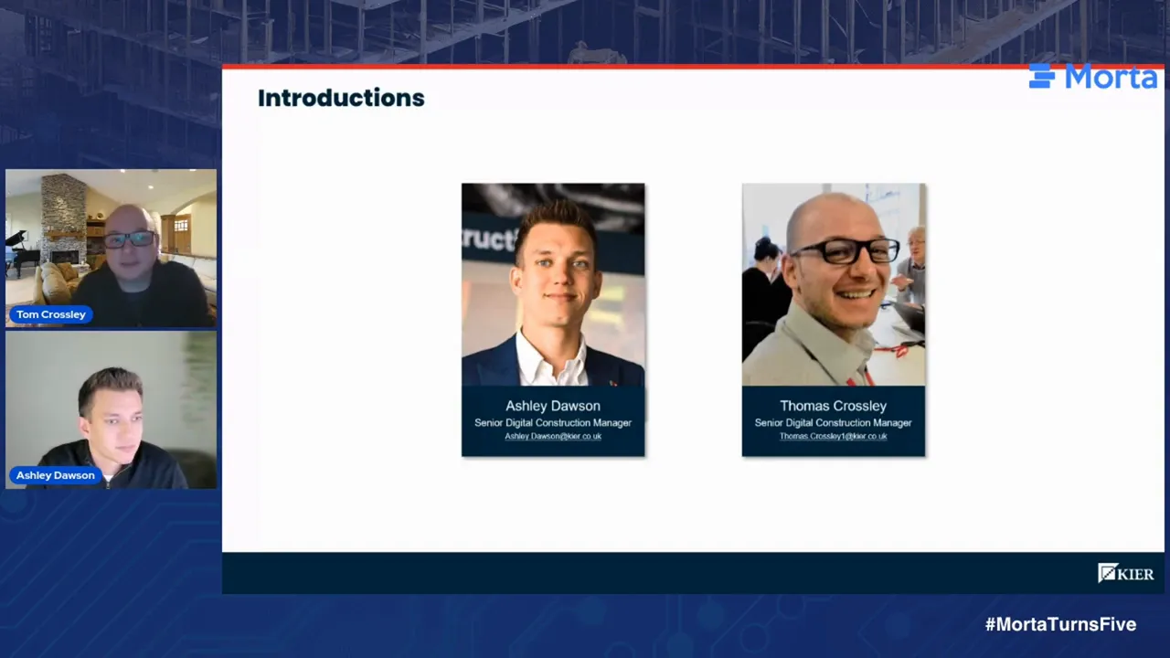 Kier Introductions slide showing Ashley Dawson on the left and Thomas Crossley on the right, with labelled live video panels for Tom and Ashley beside it.