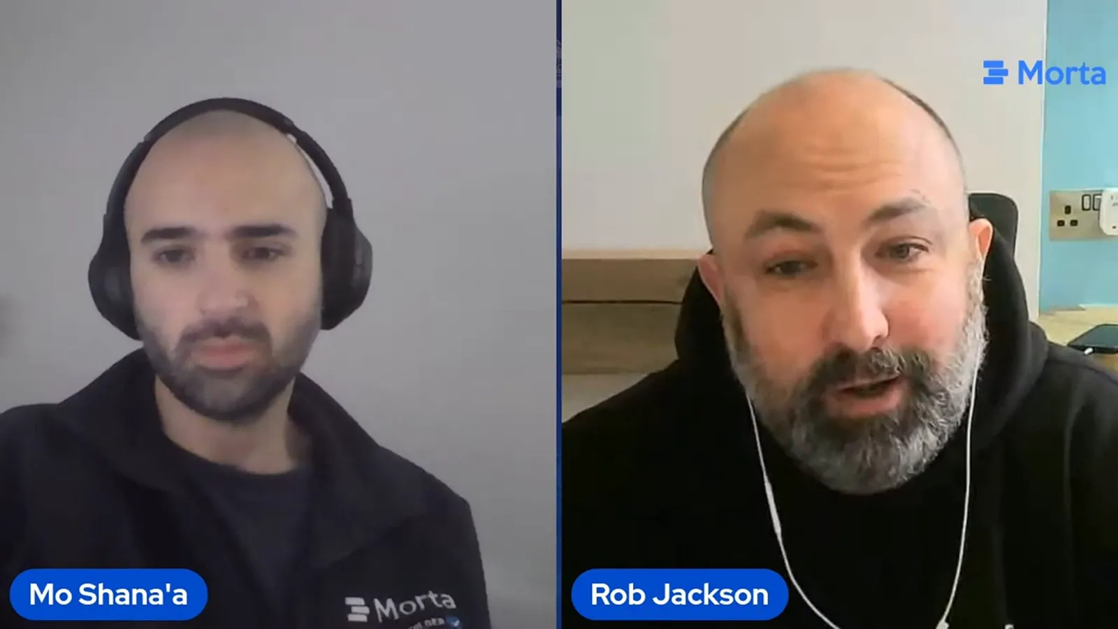 Mo Shana’a and Rob Jackson in a split-screen interview, each identified by a name label.