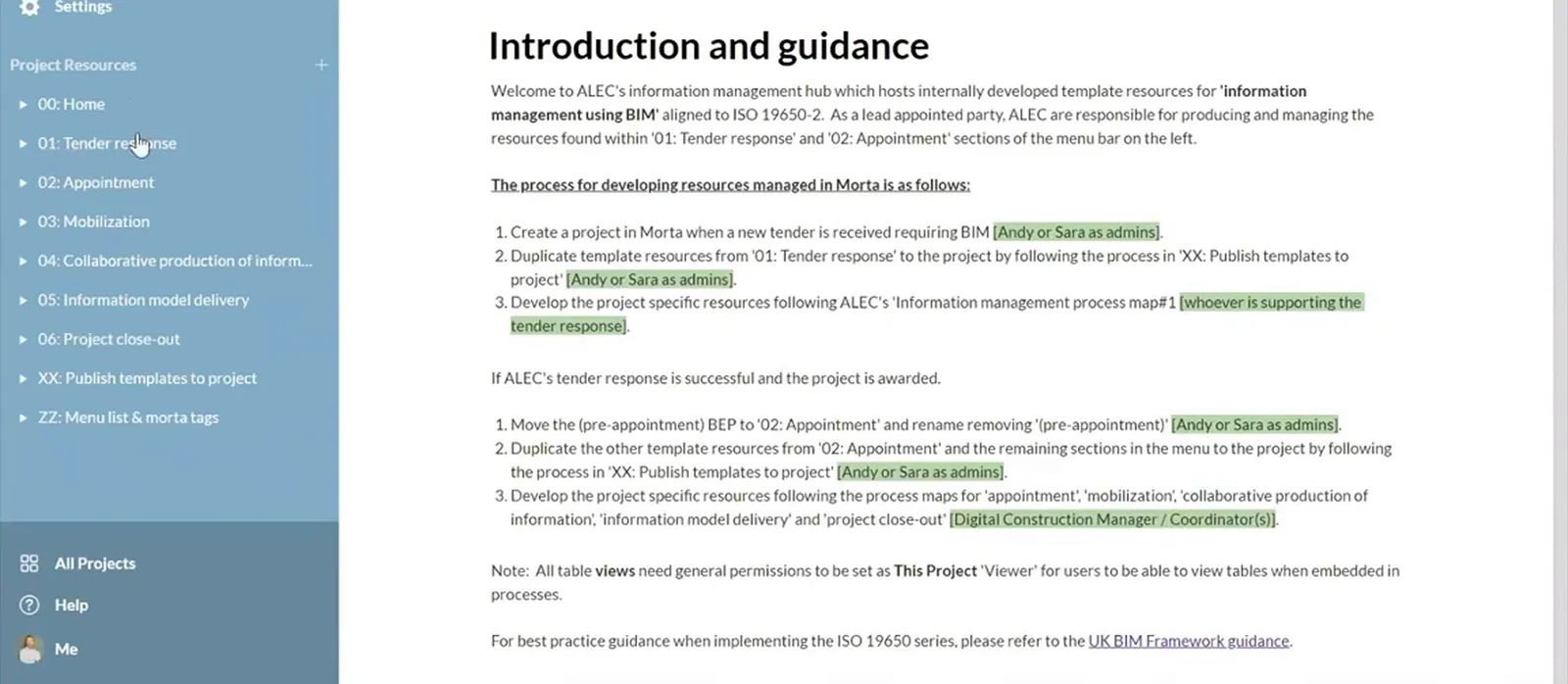 ALEC hub with tender response, appointment, mobilisation, production, delivery and closeout headings beside numbered resource-deployment instructions.