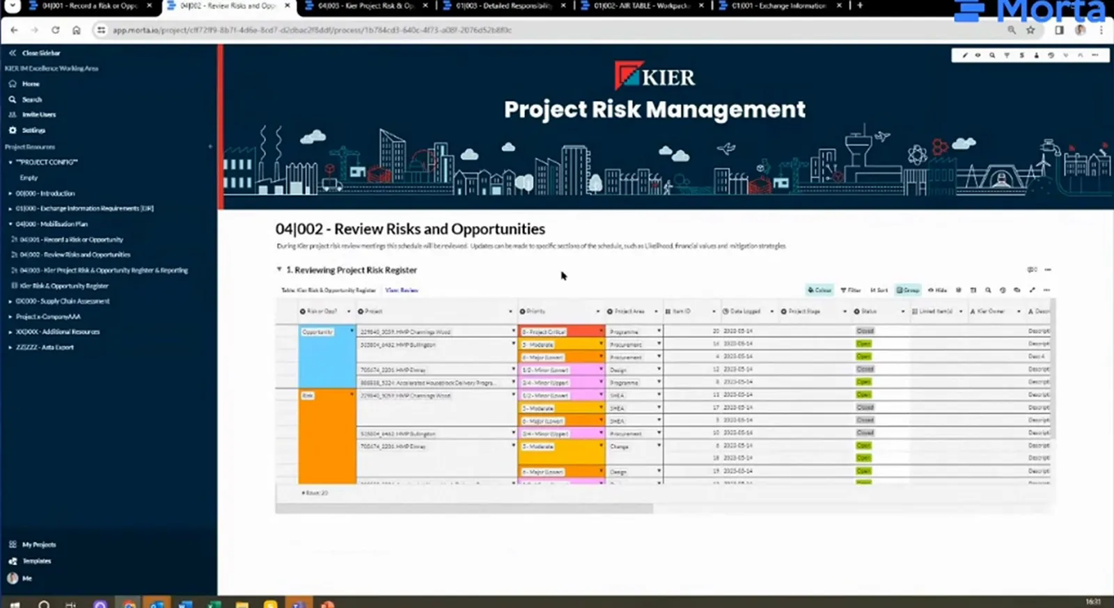 Morta risk and opportunity review register with project, priority, stage and status columns