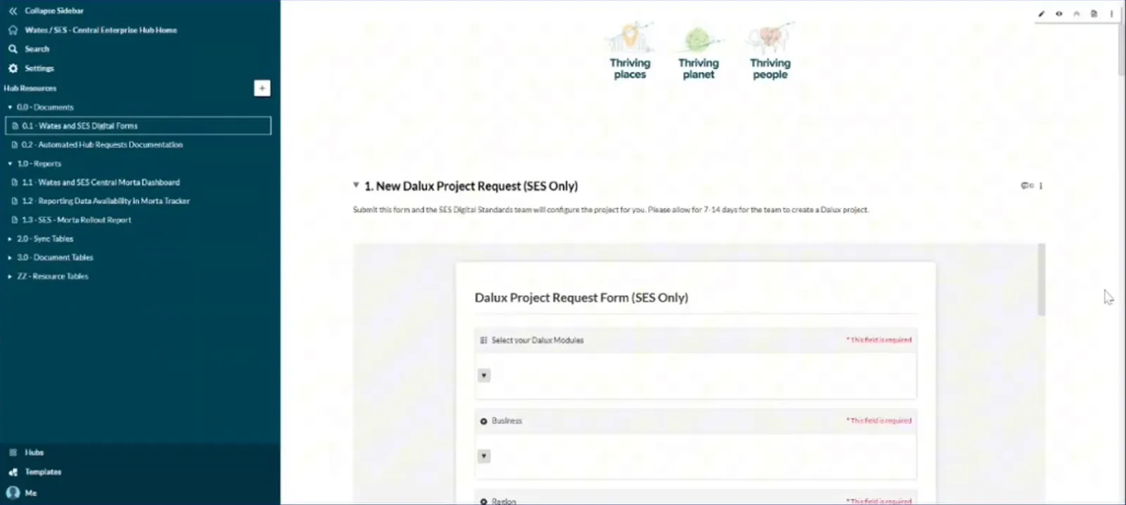 Dalux Project Request form in the central enterprise hub, alongside navigation to reports and sync tables.