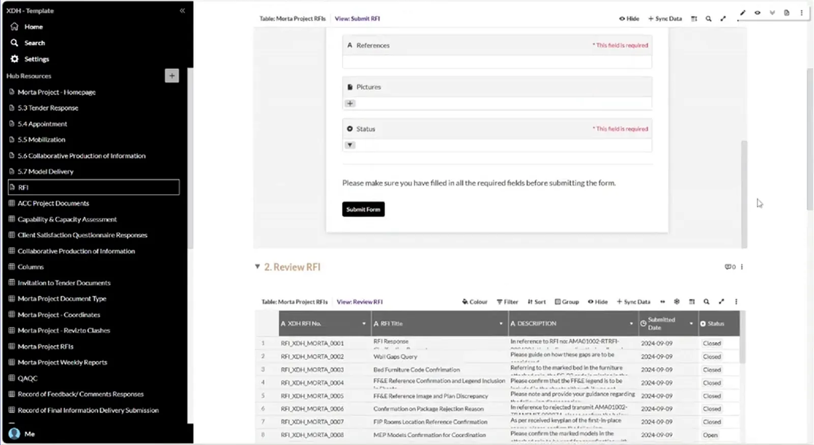 Lower portion of an RFI form with reference, picture and status fields and a submit button, followed by the Review RFI table.