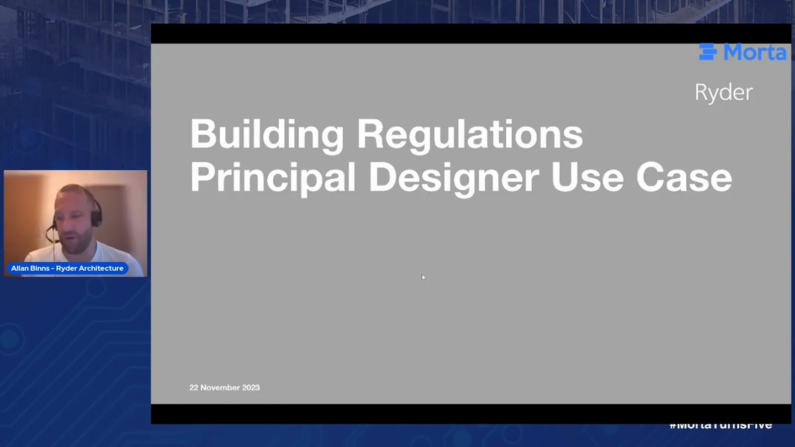 Allan Binns beside Ryder's Building Regulations Principal Designer Use Case title slide, dated 22 November 2023