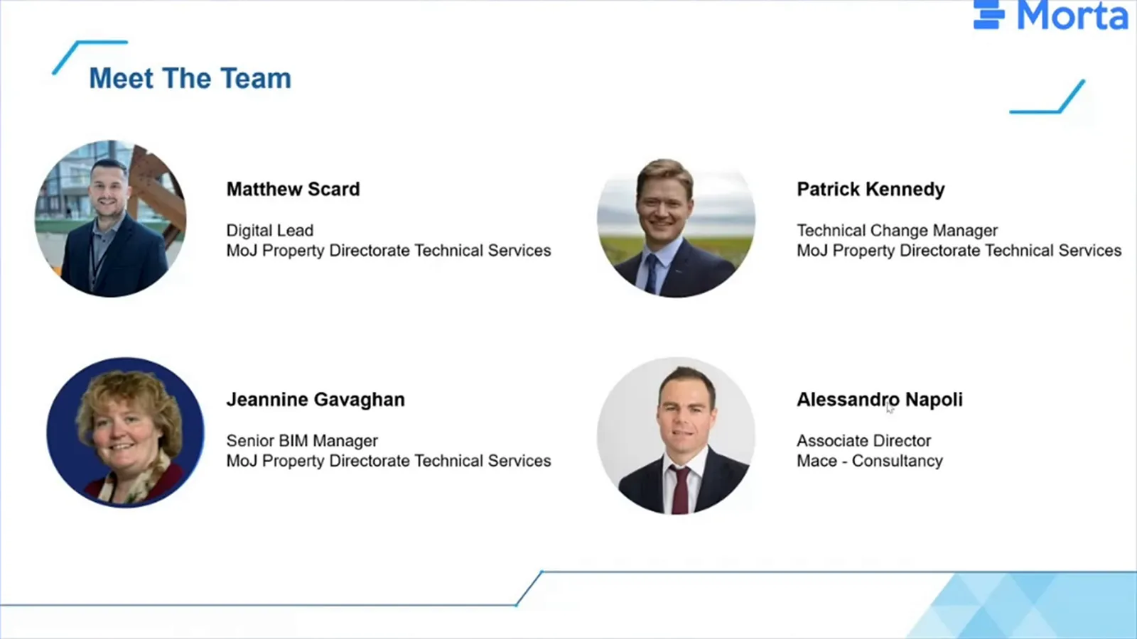 Team slide naming Matthew Scard, Patrick Kennedy and Jeannine Gavaghan at MoJ, and Alessandro Napoli at Mace.