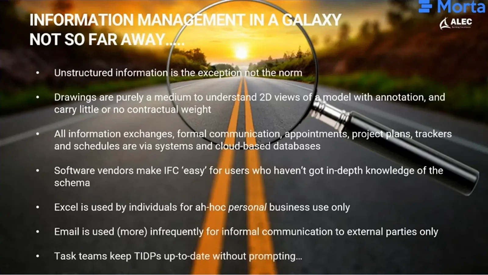 Slide listing a future vision for models, information exchanges, IFC, personal spreadsheets, email and TIDP updates.