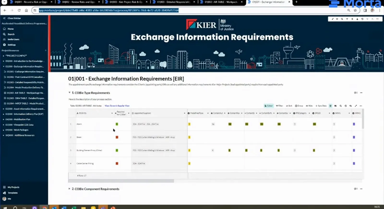 Exchange Information Requirements page containing a filtered AIR table with a footer showing 17 rows