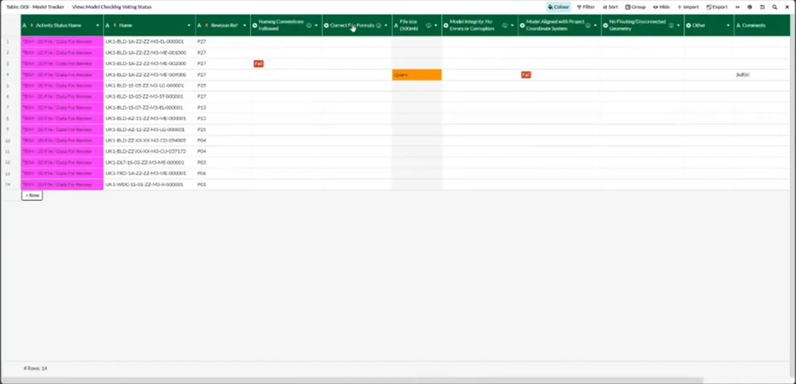 Model checking table with revision, naming convention, file format, file size, integrity, coordinate and geometry checks.