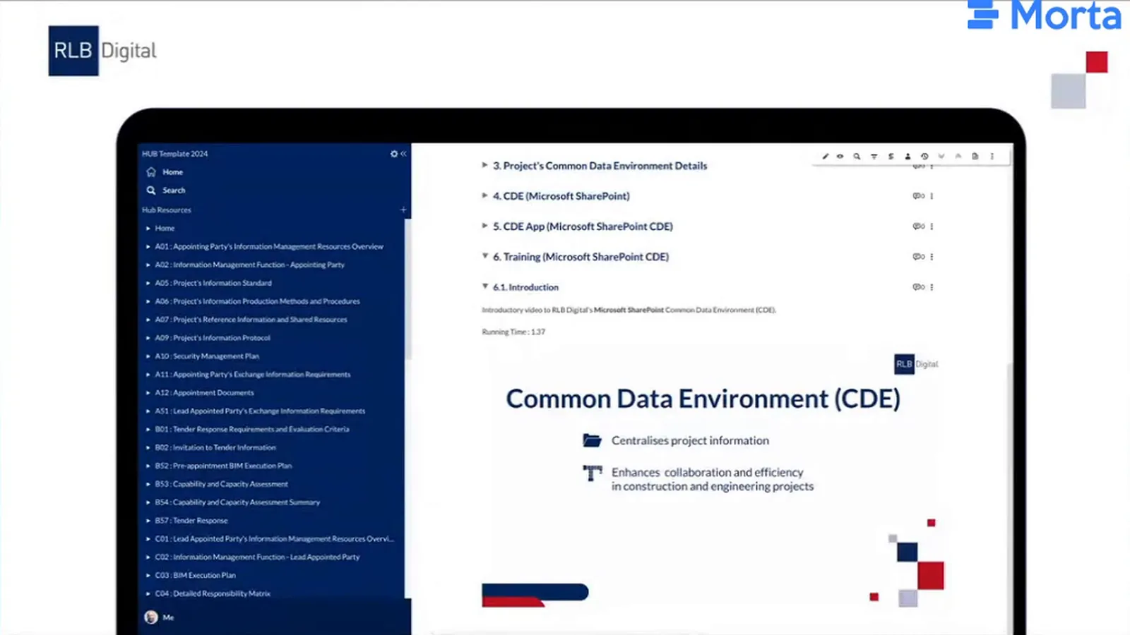 Common Data Environment training document with navigation and embedded content in the RLB hub.