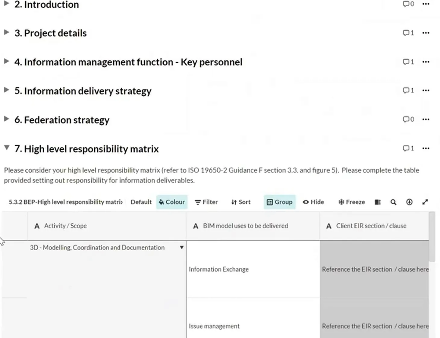BIM execution plan contents with comment icons and an expanded high-level responsibility matrix showing model uses and a client requirement reference column.