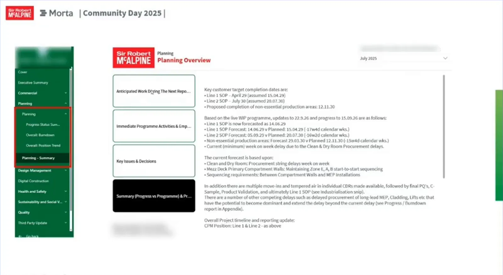Power BI planning overview with section navigation, narrative headings and a July 2025 month selector.