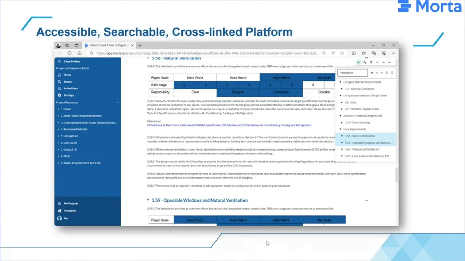 A standards page with navigation, a natural ventilation search panel, linked clauses and a project-stage responsibility table.
