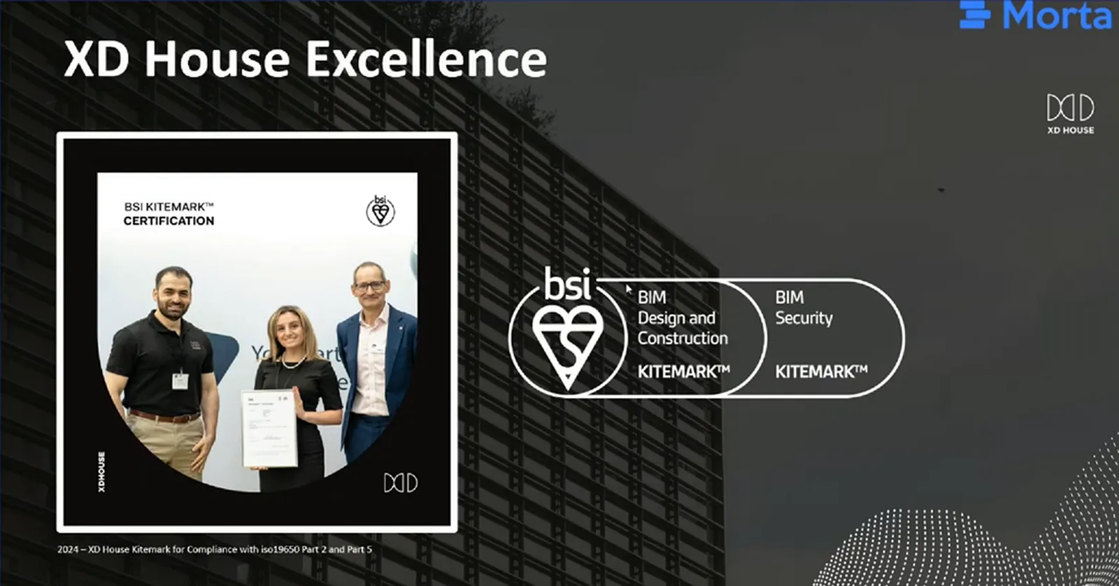 Certification presentation photograph beside BSI BIM Design and Construction and BIM Security Kitemark symbols.