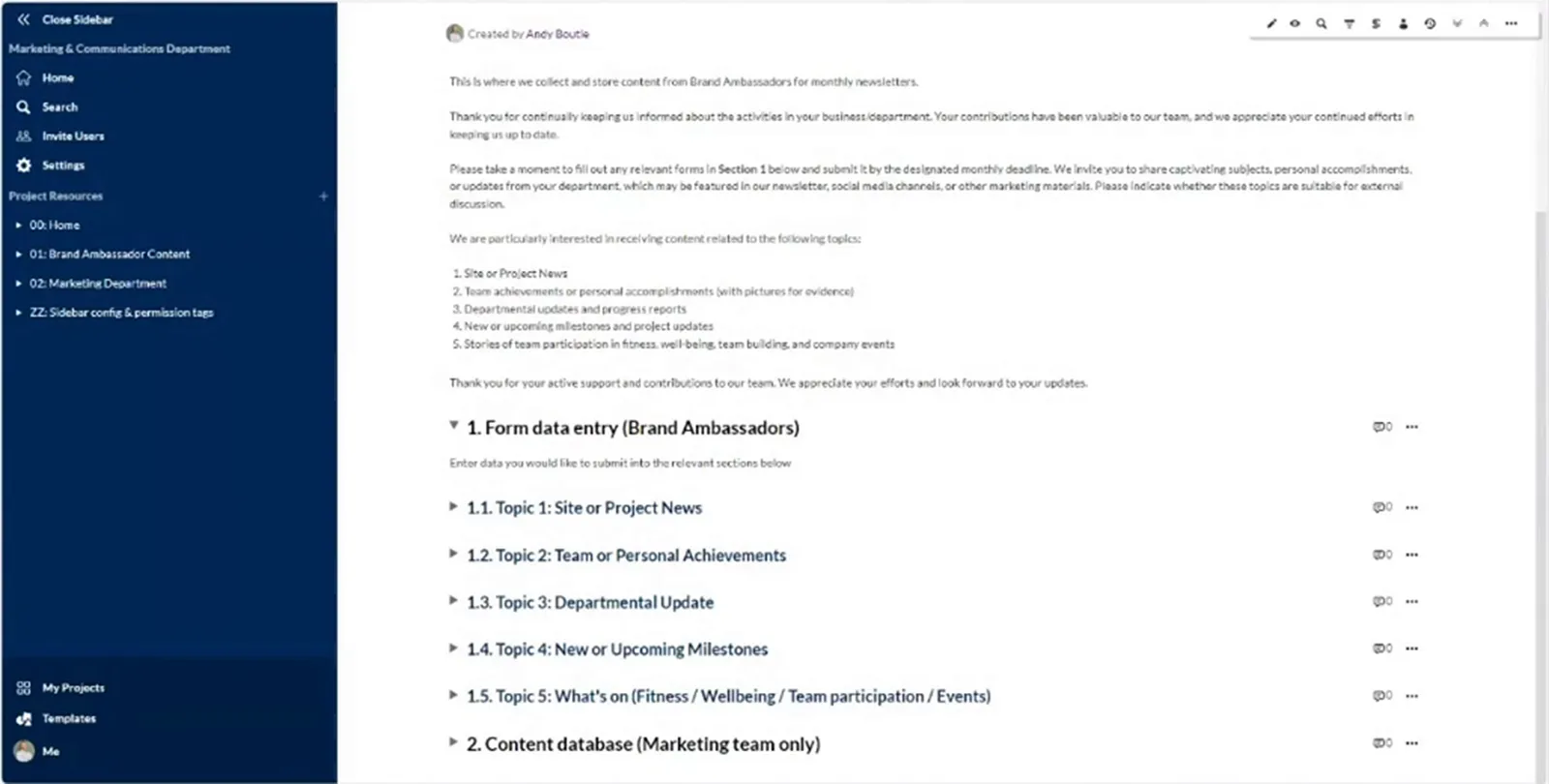 Newsletter collection page listing forms for project news, achievements, departmental updates, milestones and events.