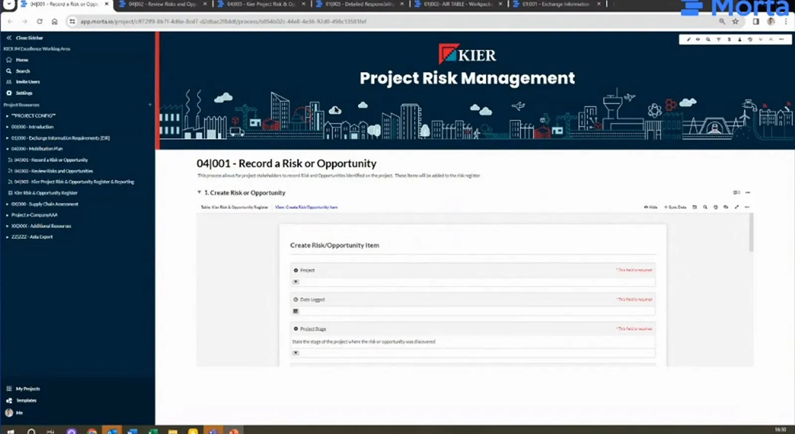Morta form for project participants to record a risk or opportunity