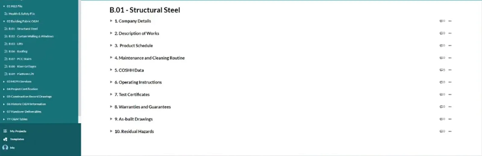 Structural-steel O&M sections beside the building-fabric package list.