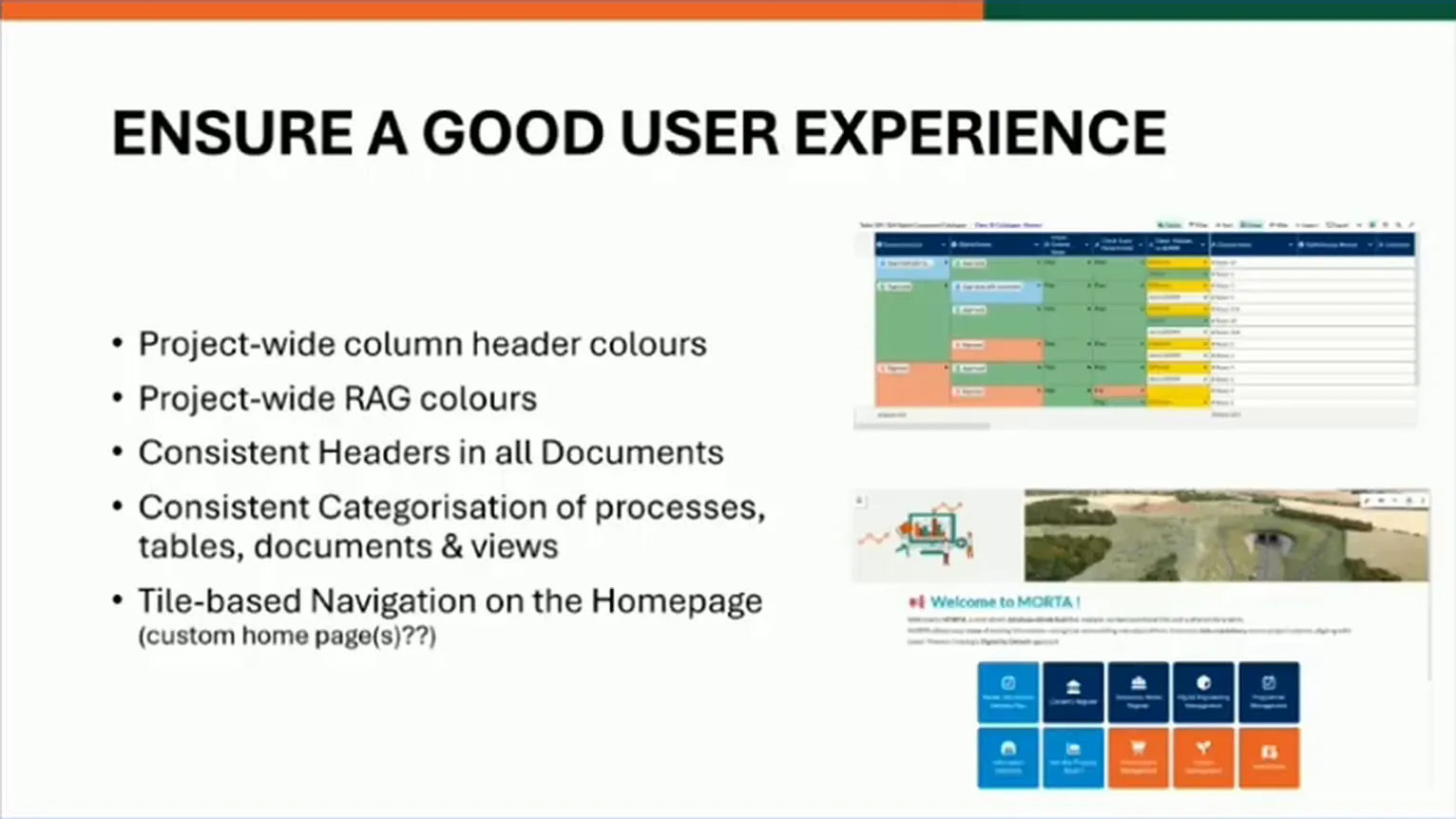 Slide listing common column-header colours, status colours, headers, categorisation and tile-based navigation, with small examples.