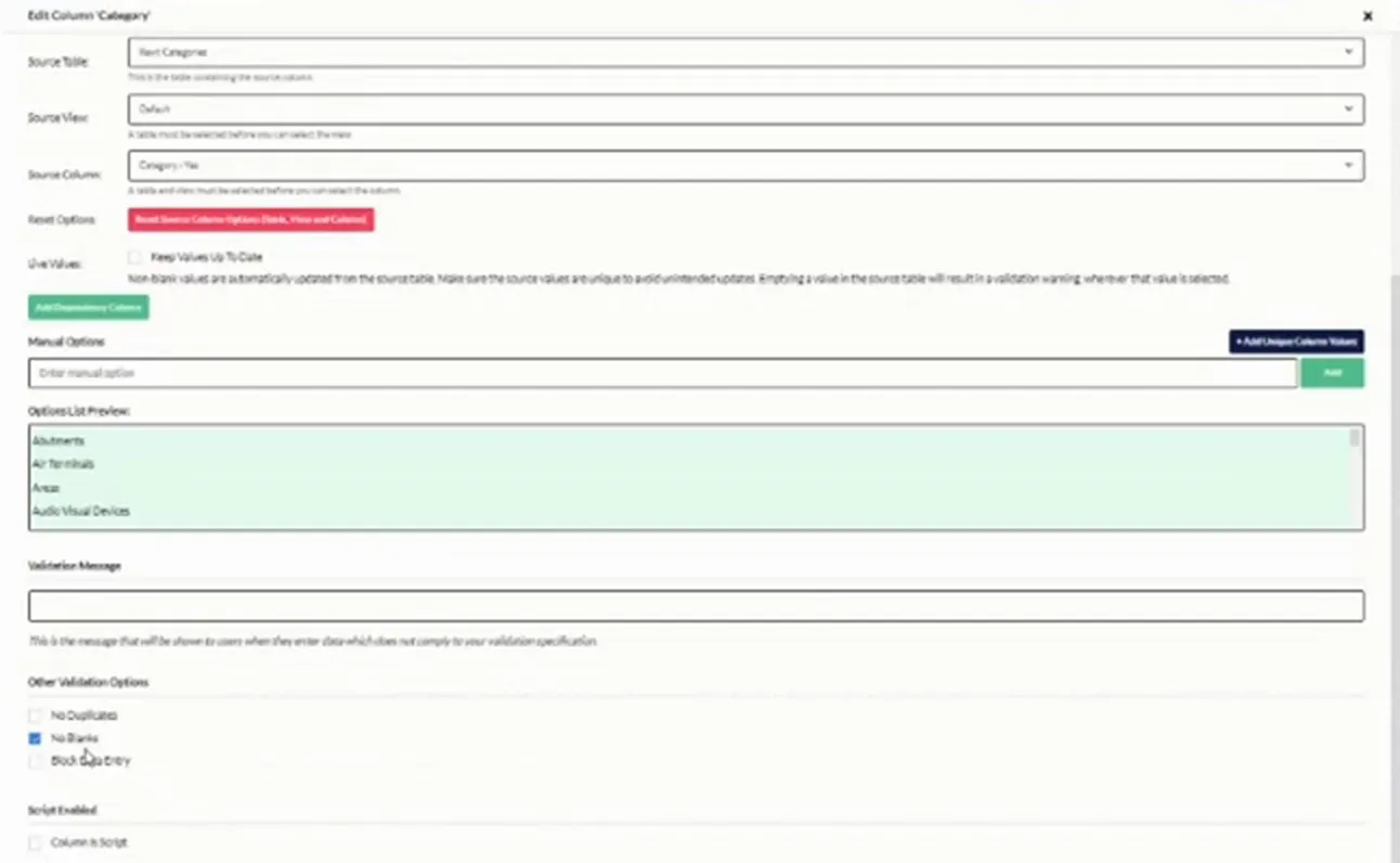 Category settings showing a Revit Categories source table, an options preview and a selected No Blanks validation