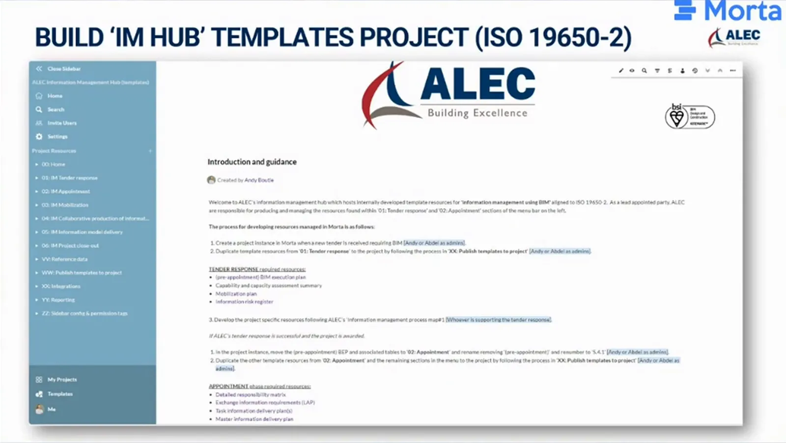 ALEC IM Hub template slide showing the document navigation and introductory guidance.