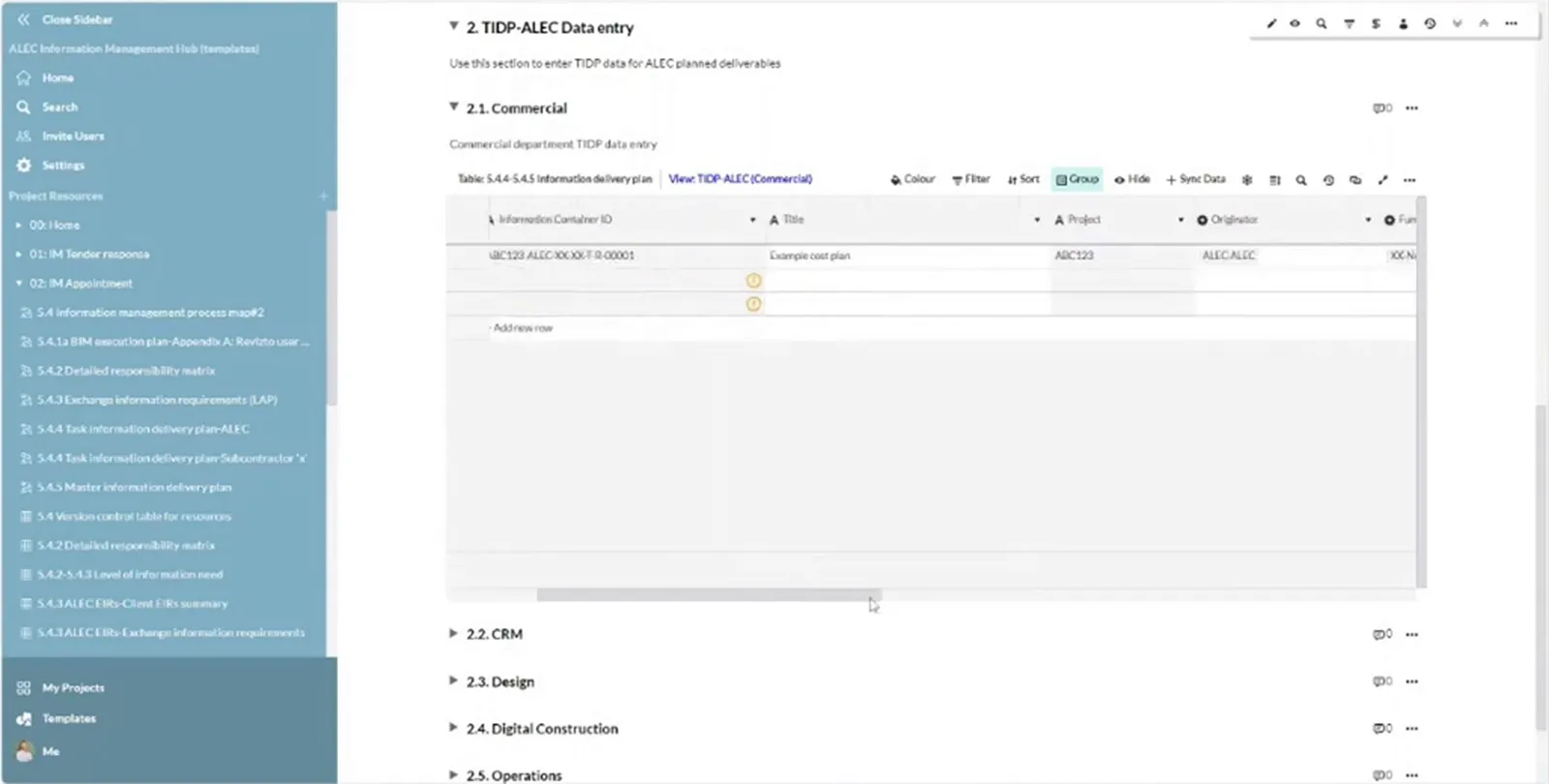 Commercial task information delivery plan with filtered rows and fields for adding a deliverable.