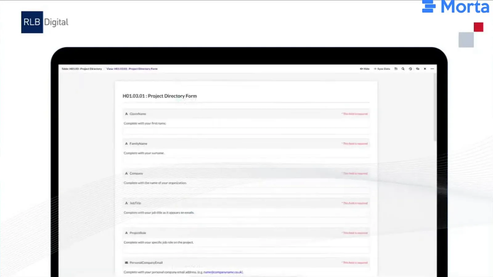 Project-directory form with labelled fields inside a Morta document.
