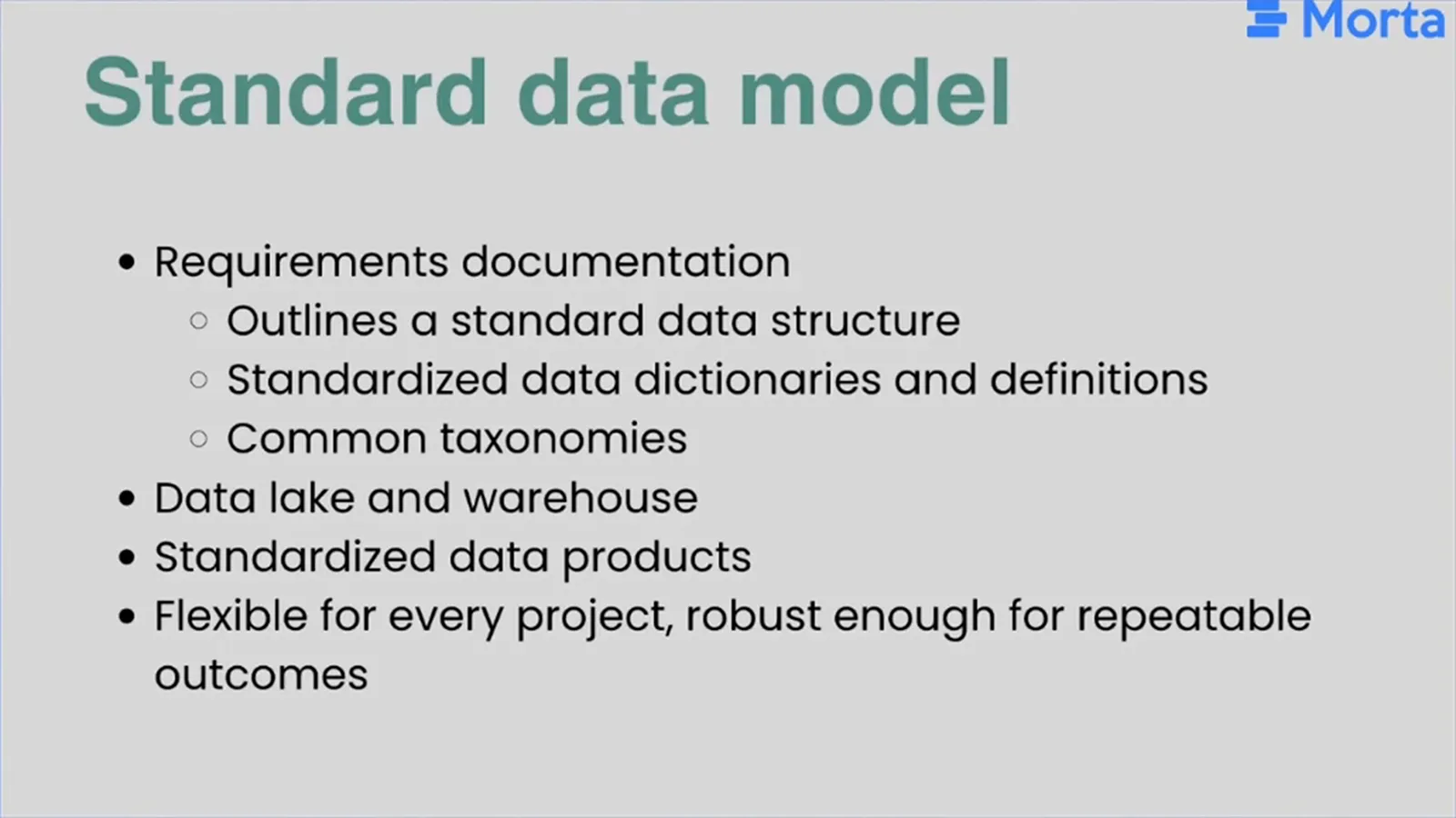 Slide listing requirements documentation, data dictionaries, common taxonomies, a data lake and warehouse, and standard data products.