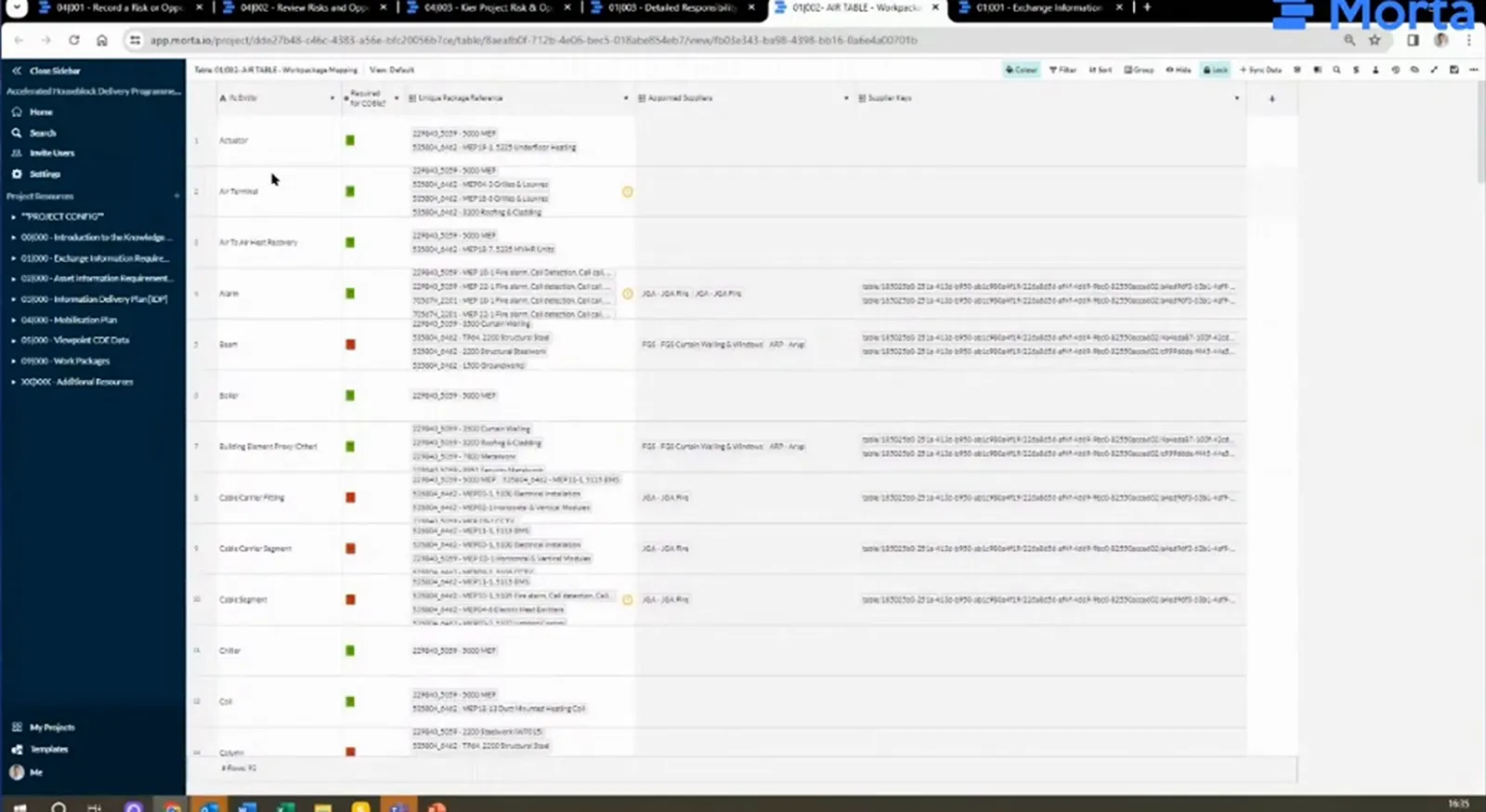 AIR mapping table connecting IFC entities with package references and appointed suppliers