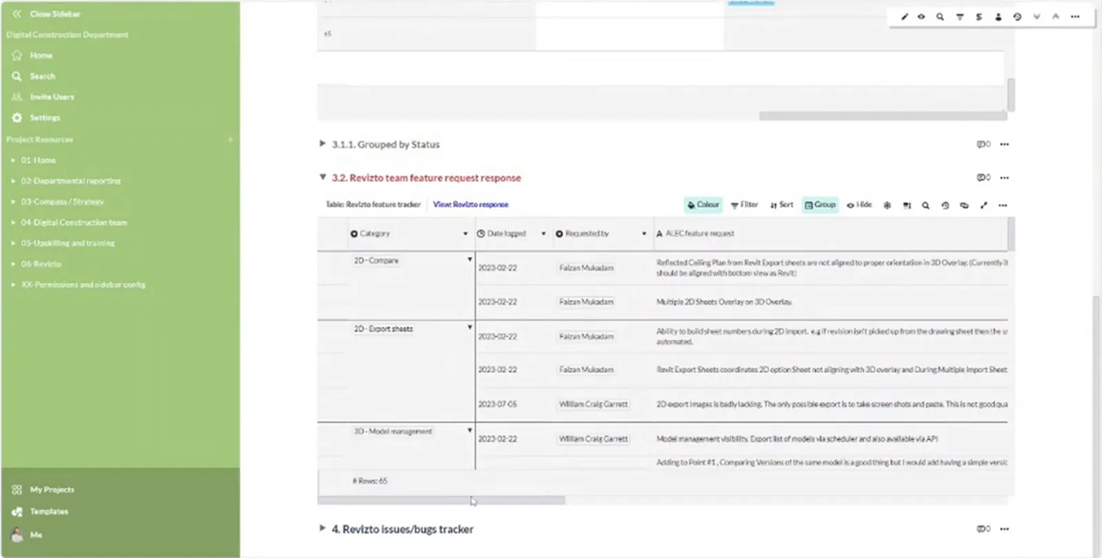 Revizto feature-request table with categories, dates and detailed request descriptions.