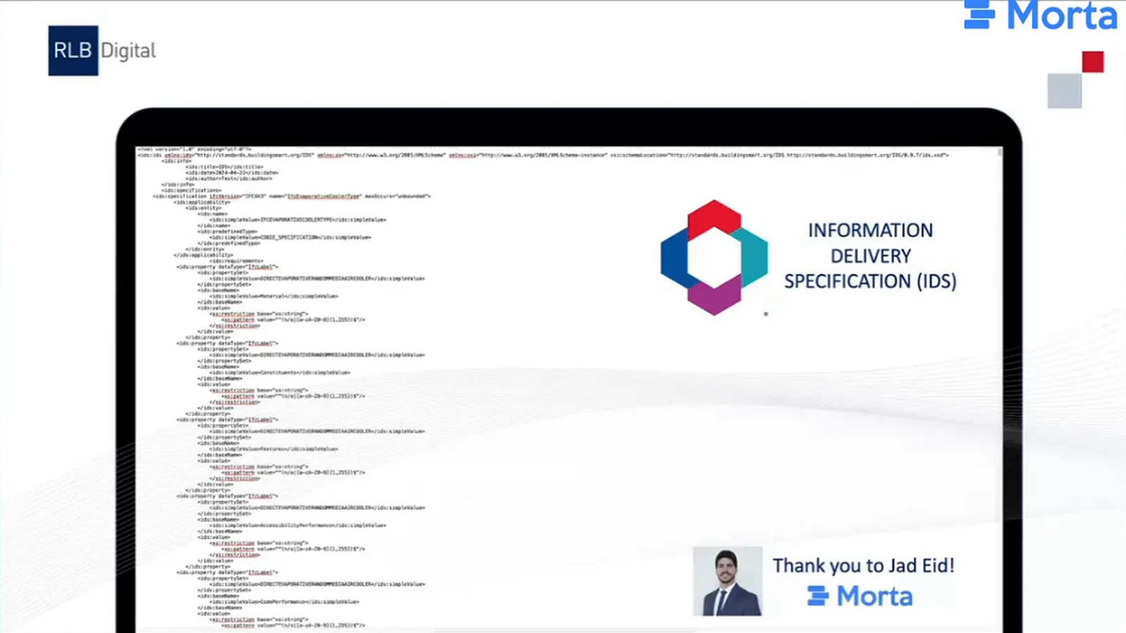 An IDS code file shown beside the Information Delivery Specification logo and a credit to Jad Eid.