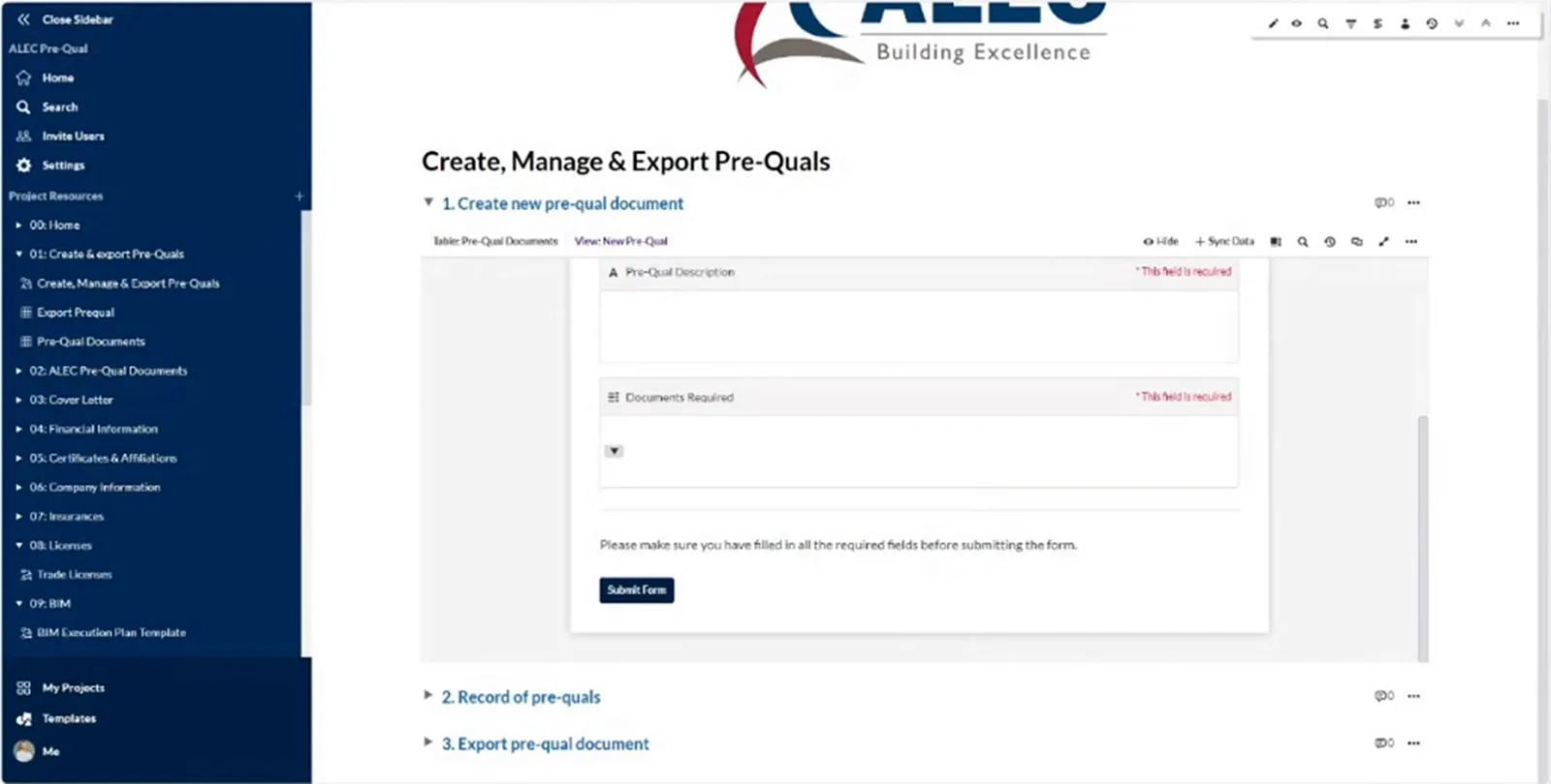 Create Manage and Export Pre-Quals page with a form containing description and resource selection fields.