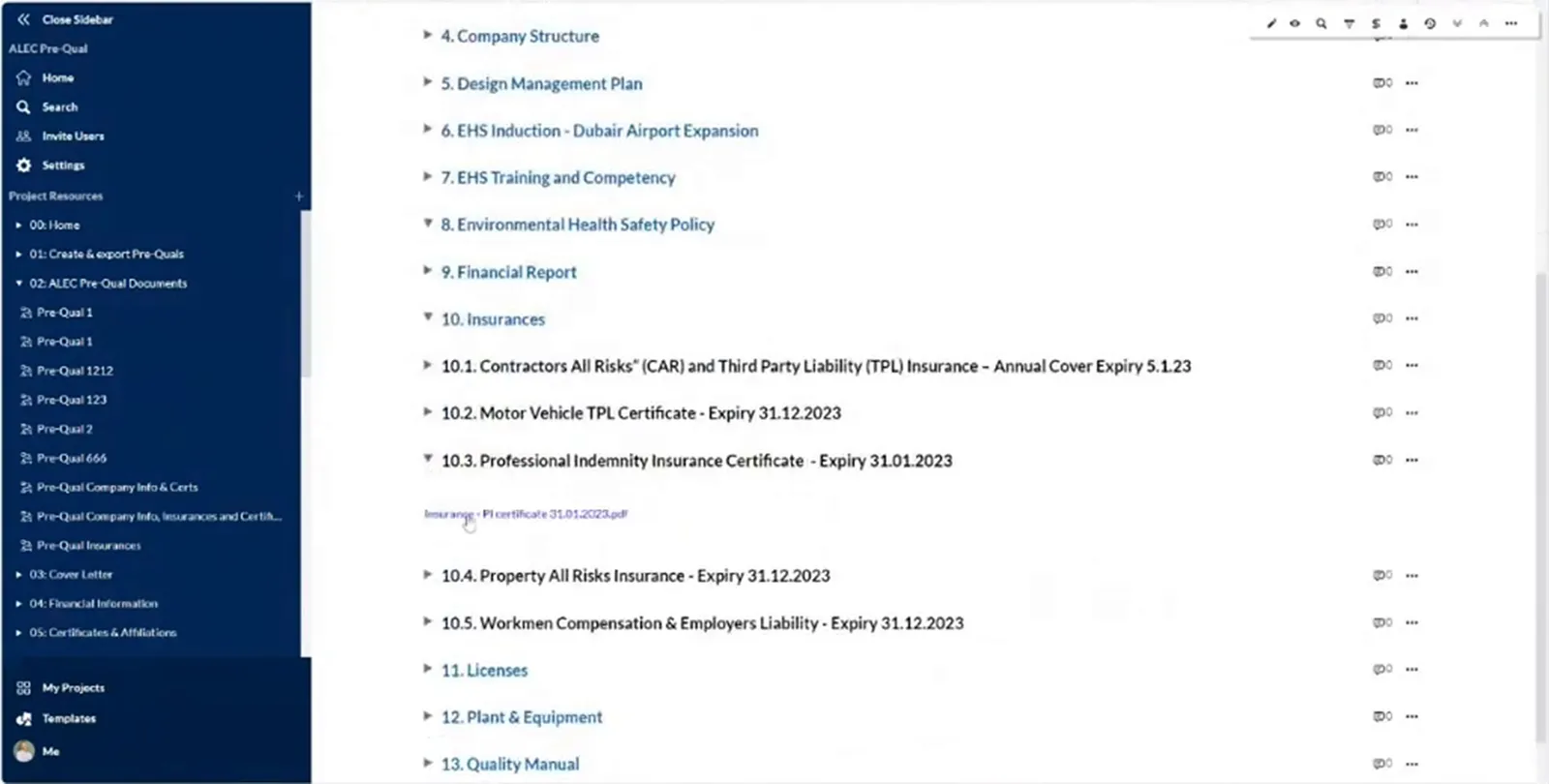 Prequalification section list with company structure, management plans, insurance policies, licences and quality documents.