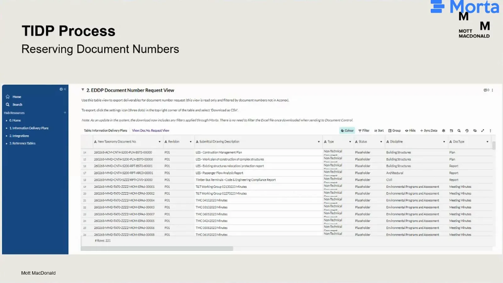 Document Number Request View with instructions for a filtered read-only export and a table of document numbers, descriptions, types and disciplines.