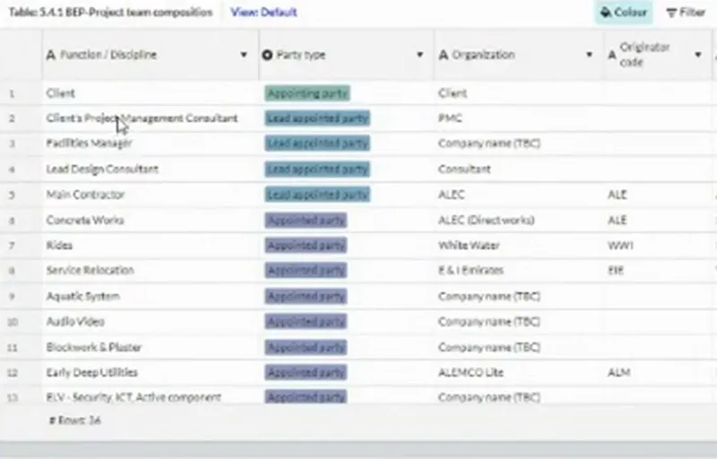 Project-team composition table excerpt showing functions or disciplines, party types, organisations and organisation codes.