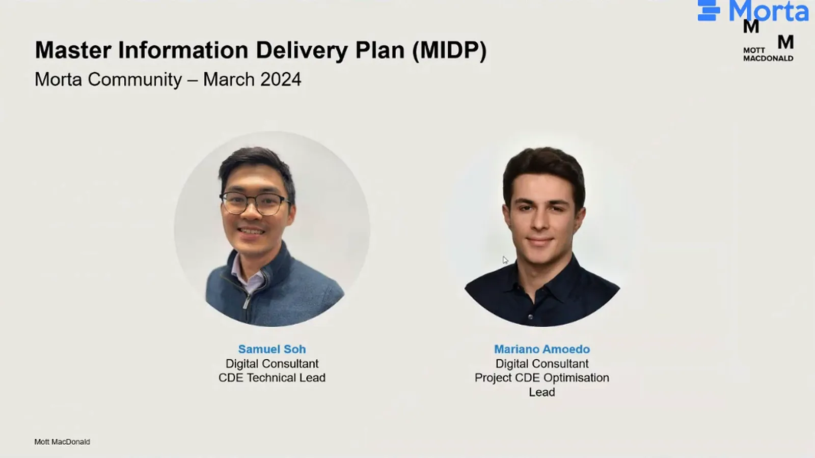 Master Information Delivery Plan title slide with portraits of Samuel Soh and Mariano Amoedo and their March 2024 role labels.