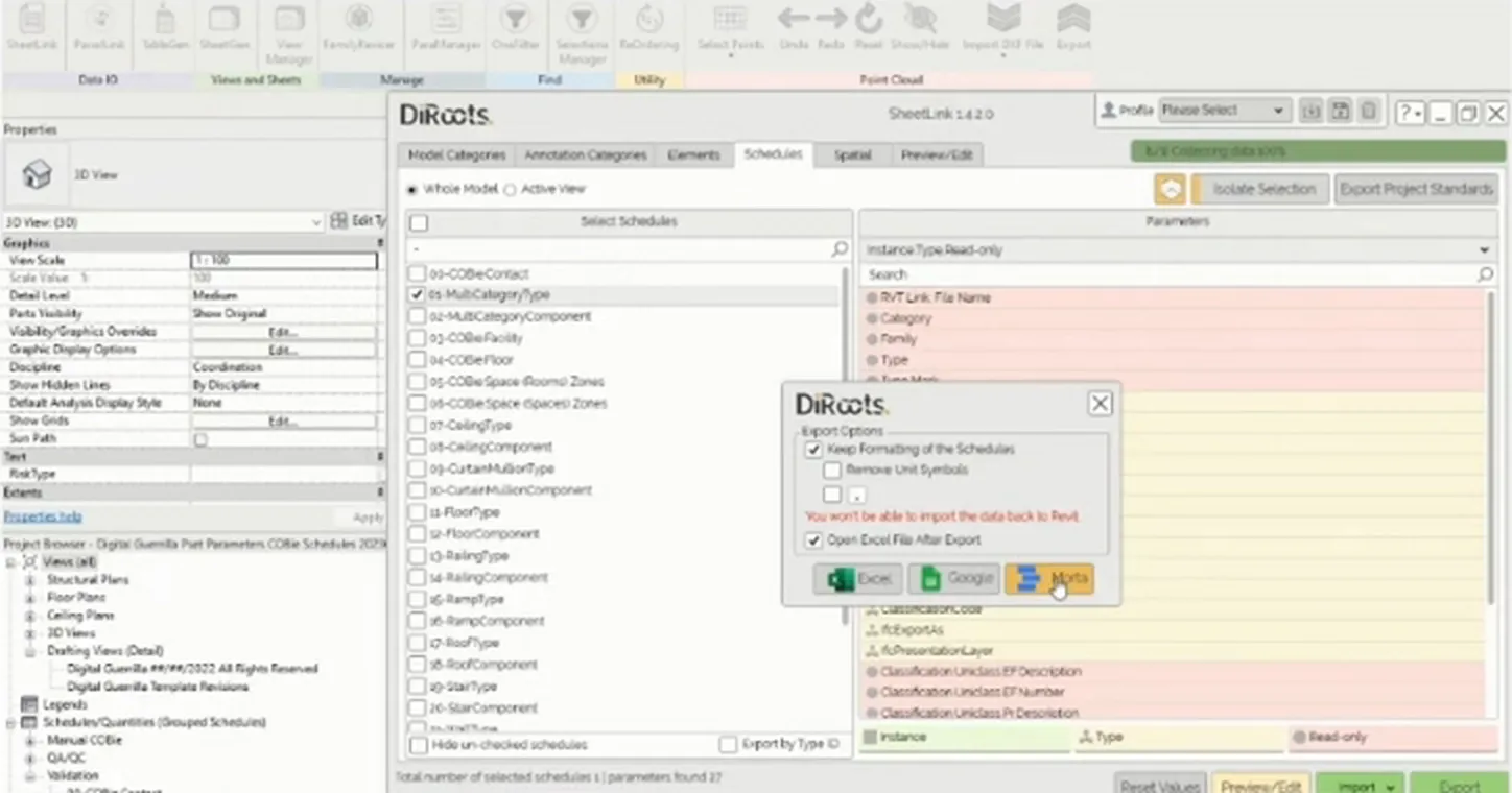 DiRoots SheetLink in Revit with a schedule selected and the export dialog showing Keep Formatting of the Schedules and the Morta button