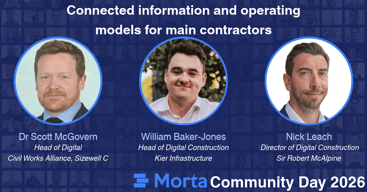 Session graphic for Connected information and operating models for main contractors, featuring Scott McGovern, William Baker-Jones and Nick Leach.