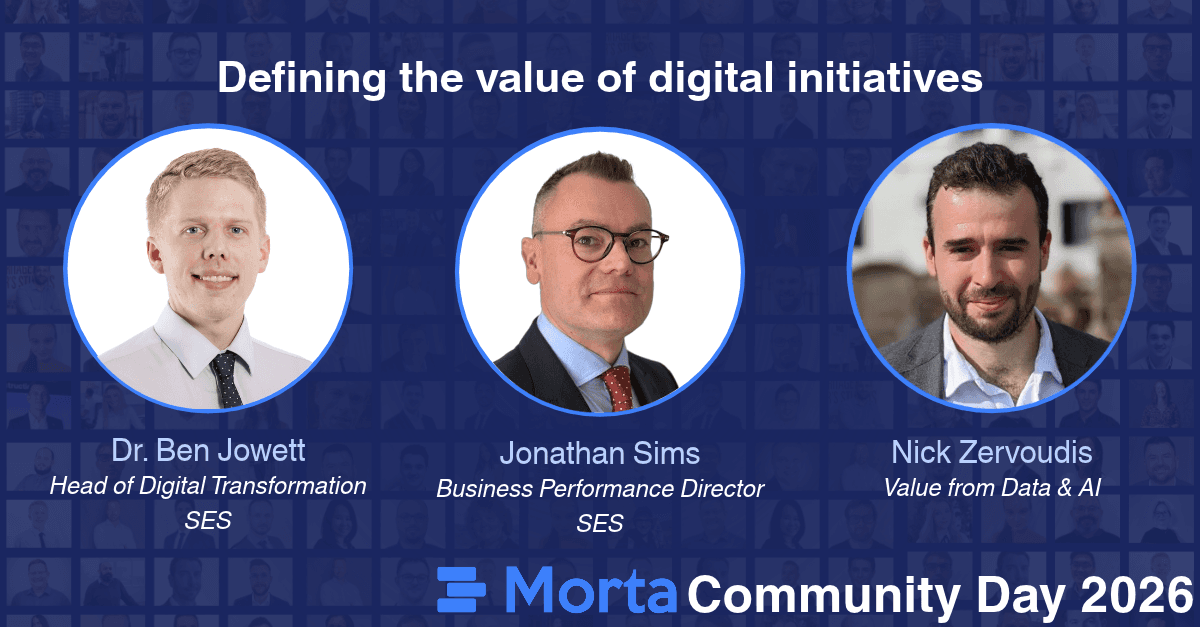 Session graphic for Defining the value of digital initiatives, featuring Jonathan Sims, Dr Ben Jowett and Nick Zervoudis.