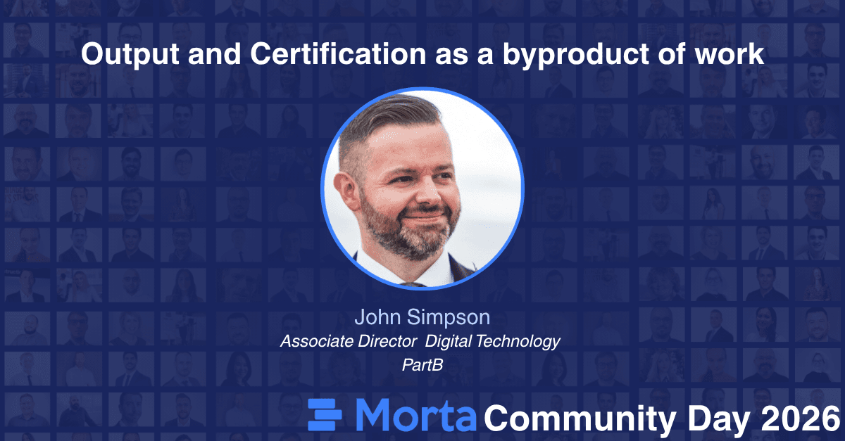 Session graphic for Output and Certification as a byproduct of work, featuring John Simpson.